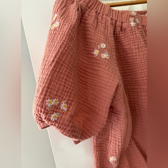 Solitaire Anthropologie size 1X pink daisy embroidered smocked top short sleeve - Picture 2 of 10